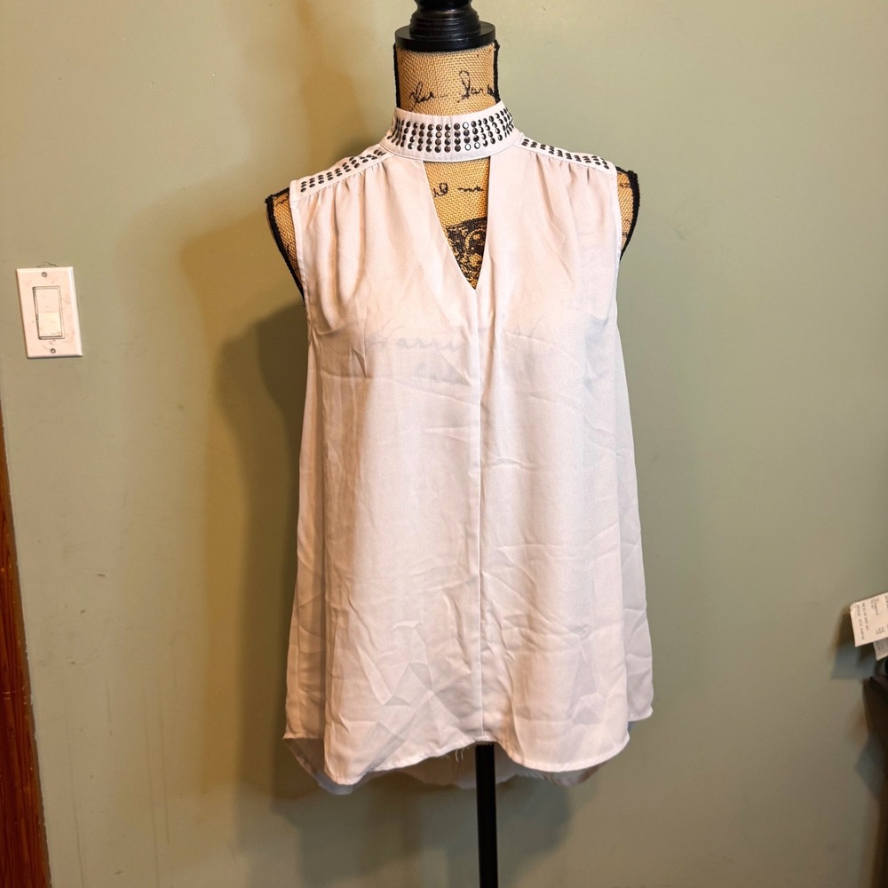Studio Y Grey Studded Choker Neck Sleeveless High Low Blouse Medium